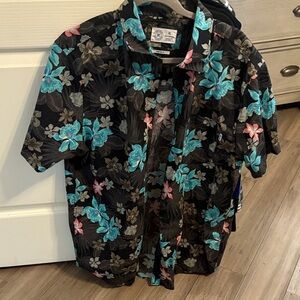 Hurley Men's Casual Button Down Shirt - Black with Blue and Pink Floral